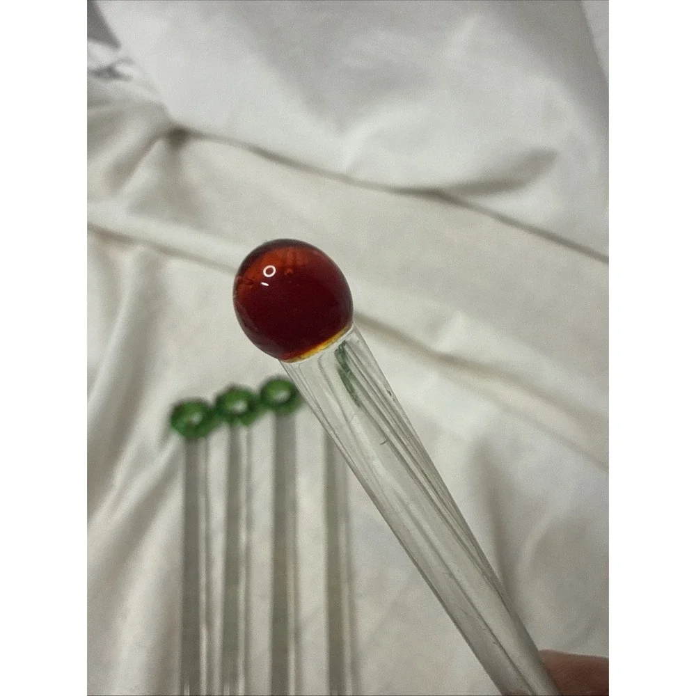 Handblown Holiday Glass Cocktail Drink Stirrers Xmas Wreath 5 Swizzles Bar Vtg